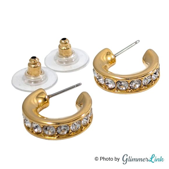 Vintage Nolan Miller Glamour Collection Gold Tone Rhinestone Hoop Earrings 1990s - Picture 5 of 11